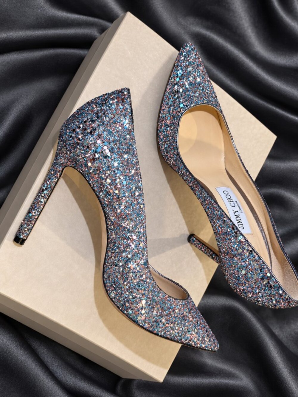 Jimmy Choo Romy 100 Bubblegum Mix Glitter Pumps EU 38 w/ Box